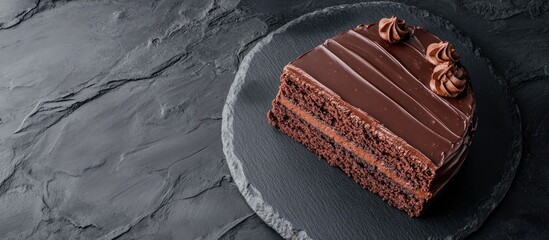 Aufkleber - Slice of chocolate cake presented on a black stone top view. with copy space image. Place for adding text or design