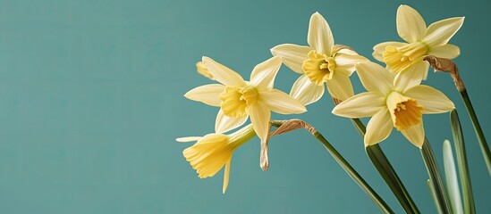 Aufkleber - Close up of yellow narcissus daffodil against a green background featuring dried flowers with long green stems. with copy space image. Place for adding text or design