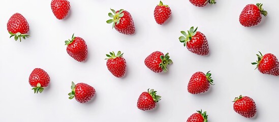 Leinwandbilder - Strawberries set against a white background with copy space for your text Top view Flat lay arrangement