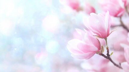 Wall Mural - Delicate pink blossoms emerge, surrounded by a soft, blurred background that captures the tranquility of springtime nature