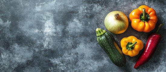 Aufkleber - Fresh organic vegetables on a table Top view image of onion pepper acorn squash and zucchini Grey textured background with copyspace Healthy eating concept