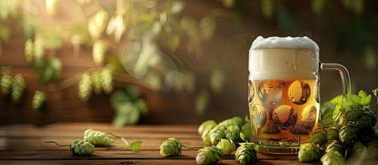 Aufkleber - Classic glass mug filled with fresh cold foamy lager beer with green hop cones in the background over a wooden texture Copy space