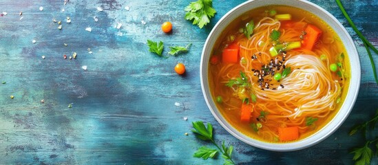 Leinwandbilder - Vegetarian vegetable soup featuring vermicelli and spring onions Studio Photo. with copy space image. Place for adding text or design