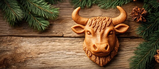Aufkleber - Ginger cakes shaped like a bull s face on a wooden surface with a backdrop adorned with fir branches Glazed ginger biscuits are present Top view copyspace