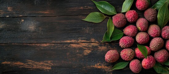 Fototapete - Lychee fruit on a dark wood backdrop Top view Copy space