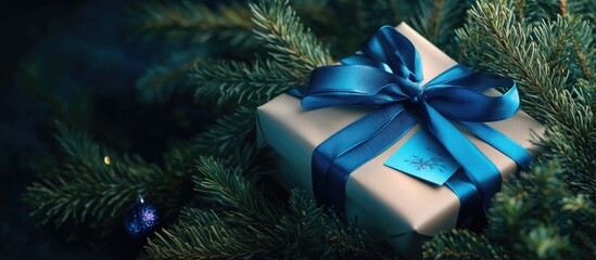 Leinwandbilder - Gift box tied with a blue ribbon and a Christmas card resting on pine branches. with copy space image. Place for adding text or design