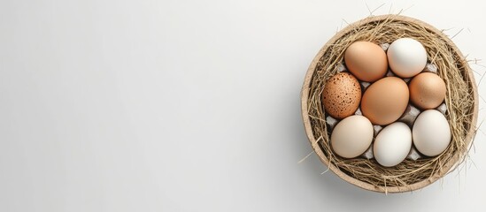 Poster - Eggs in a circular container with hay on a white background Concept of Easter composition spring holiday nutritious food Copyspace top view flat lay