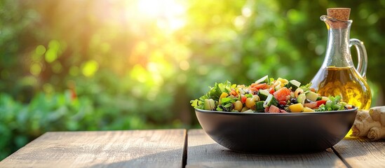 Poster - A full bowl of fresh vegetable salad sits on a wooden table outside with a blurred background of green leaves bokeh Nearby there is a glass bottle of olive oil This is vegan health food made from n