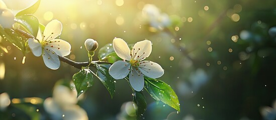 Wall Mural - flowering of a delicate white blossom in the forest. with copy space image. Place for adding text or design