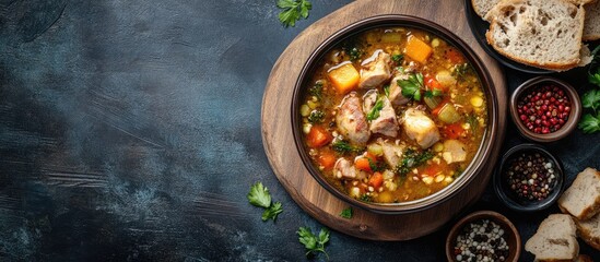Leinwandbilder - Food delivery Buckwheat meat fish and pumpkin soup Top view Free copyspace