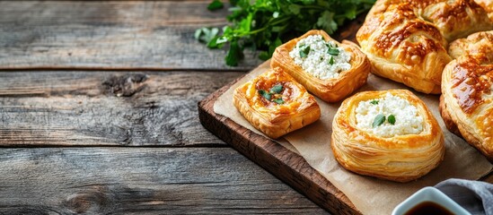 Fototapete - Various types of puff pastry with cottage cheese on a wooden surface Copy space Selective focus
