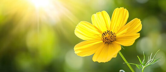 Aufkleber - Closeup of a yellow Cosmos flower against a blurred green background in sunlight featuring copy space suitable for a natural flora landscape ecology cover page concept