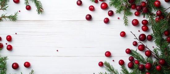 Aufkleber - Fresh ripe cranberries and branches on a white wooden table top view Area for text. with copy space image. Place for adding text or design