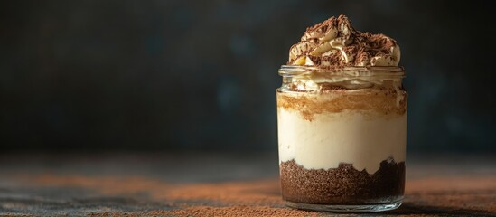 Aufkleber - Classic Italian dessert tiramisu served in a glass jar. with copy space image. Place for adding text or design