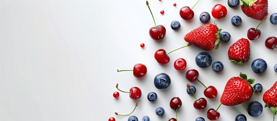 Fototapete - Fresh summer berries cherry blueberry and strawberry Top view with copyspace for your text