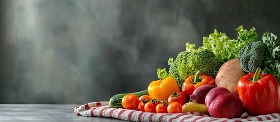 Poster - Festive arrangement of fresh vegetables and fruit on a striped towel. with copy space image. Place for adding text or design