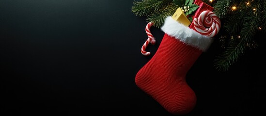 Aufkleber - Red Christmas stocking filled with gifts spruce branches a lollipop and a candy cane against a black background. with copy space image. Place for adding text or design
