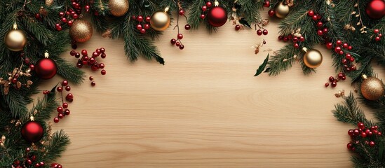 Wall Mural - Christmas backdrop featuring light wood fir branches ornaments and red and gold beads Copy space