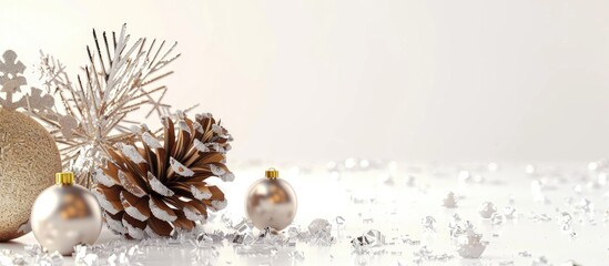Leinwandbilder - Christmas decorations featuring a sparkly pine cone a shiny snowflake and a handmade ball on a white background New Year and Christmas greeting card Christmas arrangement Gift golden Christmas deco