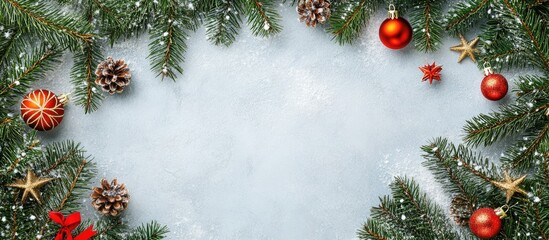Leinwandbilder - Christmas backdrop featuring fir branches and festive decorations Top view copyspace for text
