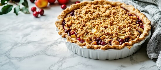 Aufkleber - Traditional autumn and winter pastries homemade apple and cranberry pie crumble on a white marble table copyspace for text