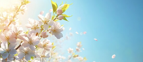 Aufkleber - Double cherry blossoms are in full bloom A branch with flowers stands against a blue sky with sunlight streaming through the blossoms. with copy space image. Place for adding text or design