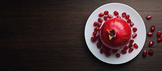 Fototapete - Juicy pomegranate with seeds on a plate on a dark wooden table viewed from above with copy space