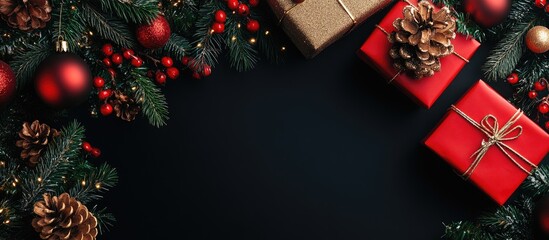 Leinwandbilder - Beautiful stylish Christmas decorations in red black and gold with gifts on a dark black background Flat lay design Copyspace Winter holiday greeting card invitation flyer voucher discount