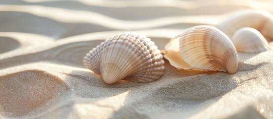Poster - Lovely seashells on a sandy shore. with copy space image. Place for adding text or design