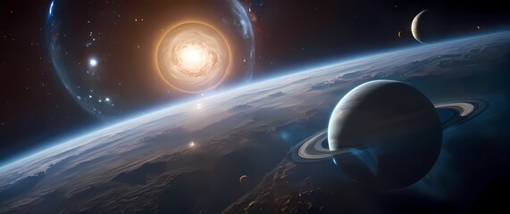 a captivating cosmic view featuring planets aligned in a brilliant configuration