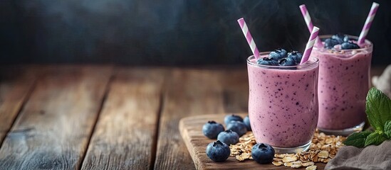 Leinwandbilder - Glasses of delicious blueberry smoothie with oatmeal on a wooden table Room for text. with copy space image. Place for adding text or design