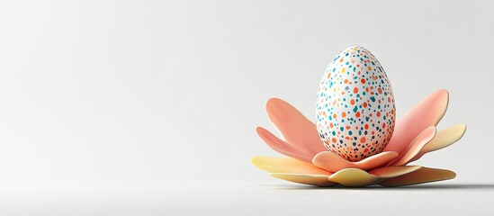 Poster - An egg featuring a pattern on a vibrant stand shaped like a flower for the Easter celebration set against a white background. with copy space image. Place for adding text or design