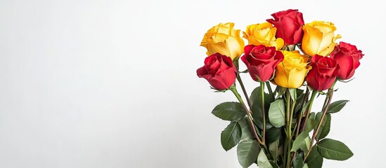 Wall Mural - A bouquet of red and yellow roses set against a white background. with copy space image. Place for adding text or design