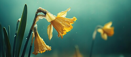 Aufkleber - Close up of yellow narcissus daffodil against a green background featuring dried flowers with long green stems. with copy space image. Place for adding text or design