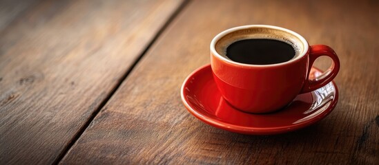 Aufkleber - A red cup of black Americano coffee on a saucer positioned at the edge of a wooden table in a cafe with a low key image featuring copyspace