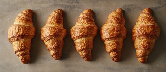 Poster - Five rustic artisan French croissants in a horn shape arranged in a flat lay modern composition. with copy space image. Place for adding text or design