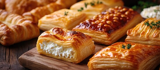 Fototapete - Various types of puff pastry with cottage cheese on a wooden surface Copy space Selective focus