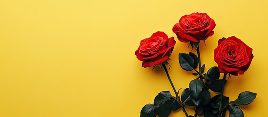 Leinwandbilder - Roses set against a yellow background. with copy space image. Place for adding text or design