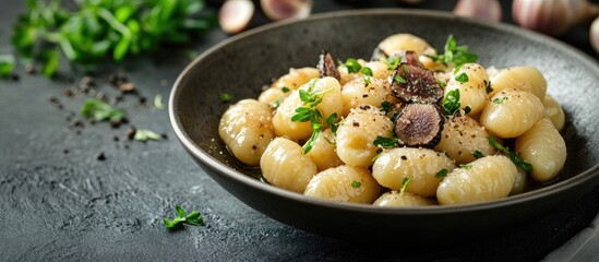 Aufkleber - Gnocchi Pasta cooked with truffles garlic onions olive oil and fresh herbs and spices A traditional appetizer or side dish at American steakhouses or French bistros. with copy space image