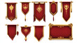 © Sahraya - Medieval red flags, hanging royal banners with gold border. Blank cloth pennants, vintage vertical fabric flags isolated on transparent background, vector realistic set