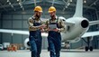 © miss irine - Two flight engineers walk through large hangar. Wearing safety helmets, coveralls. Discuss, review plans using tablet. Large airplane in background. Photo shows teamwork, collaboration in aeronautic
