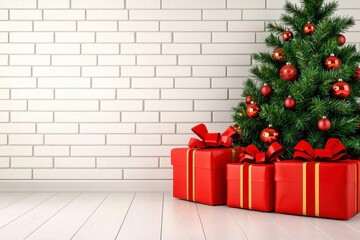 Wall Mural - A photostock of a cozy Christmas living room with a glowing fireplace, a decorated tree, and presents under soft ambient lighting, High Quality