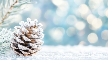 Canvas Print - Snow covered pine cone sits elegantly on a winter branch, surrounded by a soft blue background and delicate frosty textures