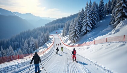 Wall Mural - Snowy mountain slope with skiers. Winter sports activity. Many skiers descend snowy trail. Mountain resort in Carpathian mountains. People enjoying winter vacation. Beautiful landscape with trees