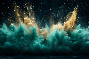 A bronze and emerald powder explosion representing the richness and depth of natural elements in motion