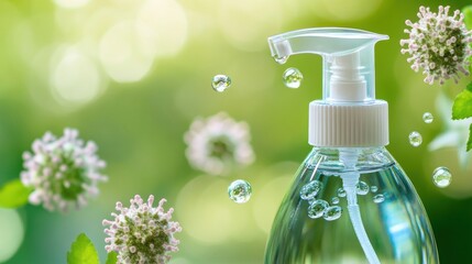 Aufkleber - Sanitizer droplets effectively eliminating harmful bacteria among green foliage in a natural setting. Generative AI