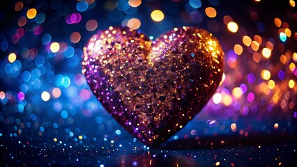 Canvas Print - Love background for Valentine day with shiny shimmering 3d heart shape on glitter background and bokeh effect.