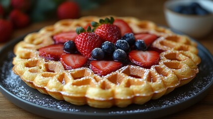 Canvas Print - Close-up of golden waffle topped with fresh strawberries, blueberries, and powdered sugar on wooden table background