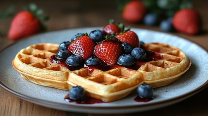 Canvas Print - Close-up of golden waffle topped with fresh strawberries, blueberries, and powdered sugar on wooden table background