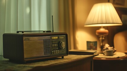 Vintage radio on a nightstand next to a lamp, emitting a warm glow in a dimly lit room.